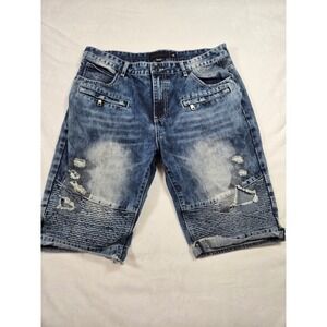 Decibel Mens Moto Biker Denim Shorts Distressed Blue Medium Wash Size 38